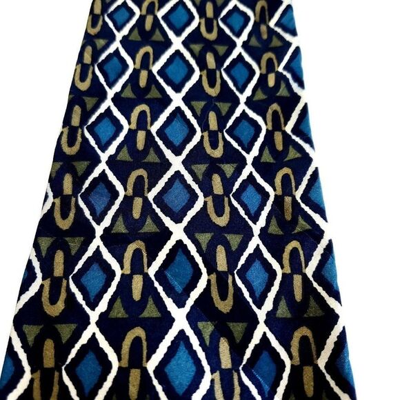 Martin Wong Green Teal Abstract Print Geometric Short Wide Silk Tie - Picture 2 of 6